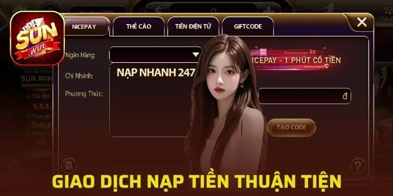Giao diện nạp tiền có mục Gift code Sunwin